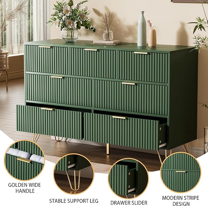 Dresser for Bedroom, Fluted Modern Dresser with Gold Pulls and 7 Drawers, 15.7" D x 47.2" W x 31.4" H, Green
