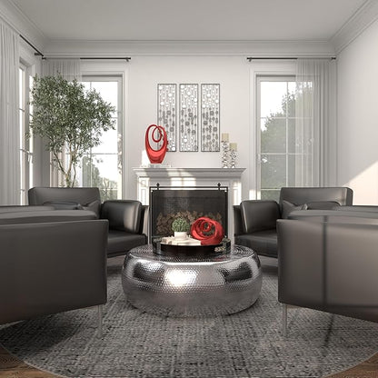 Deco 79 Aluminum Metal Living Room Coffee Table Drum Shaped Table with Hammered Design, Center Table 42" x 42" x 14", Silver