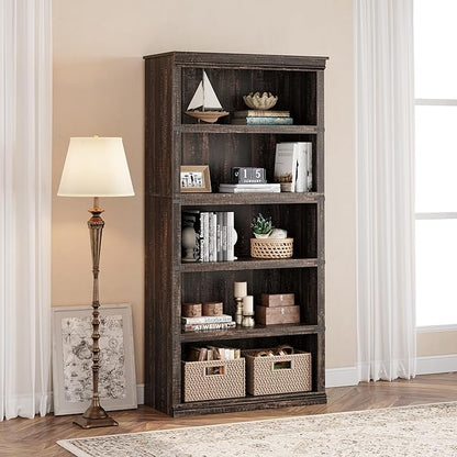 IDEALHOUSE 5 Tier Bookcase, Farmhouse Book Shelf with Storage, 71" Tall Book Case Wooden 5 Shelf Bookcase for Home Office, Living Room, Bed Room (Cherry, 67.4" H x 31.5" W x 12.8" D)