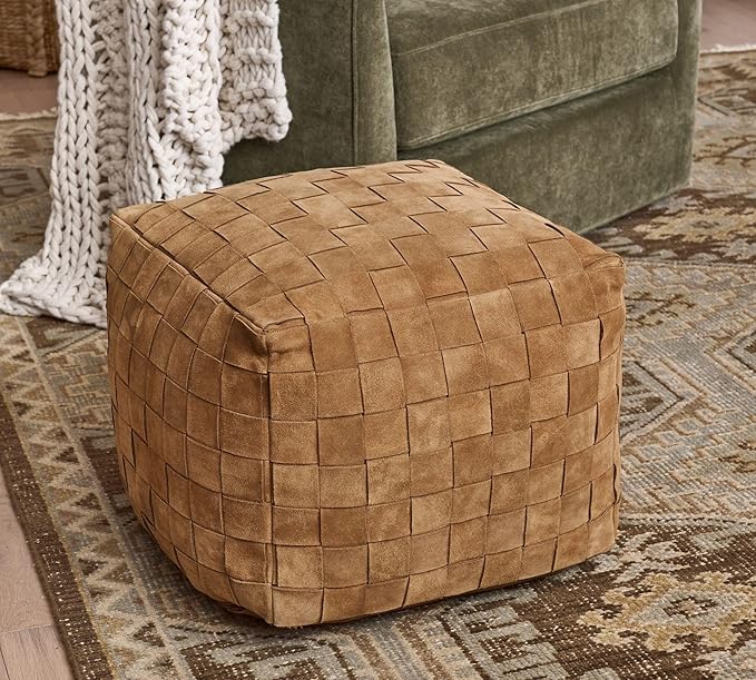 Luxury Handcrafted Suede Basketweave Pouf Ottoman – Soft & Durable Floor Cushion, Footrest, and Accent Seating for Living Room, Bedroom, & Office – Stylish Modern Home Décor (Camel, 18" x 18" x 14")