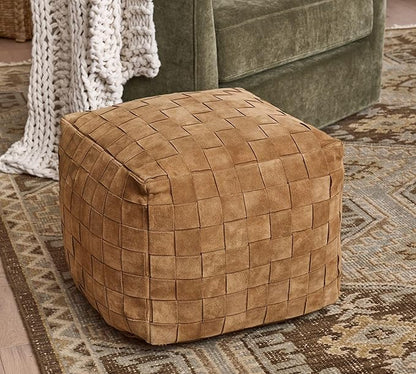 Luxury Handcrafted Suede Basketweave Pouf Ottoman – Soft & Durable Floor Cushion, Footrest, and Accent Seating for Living Room, Bedroom, & Office – Stylish Modern Home Décor (Camel, 18" x 18" x 14")