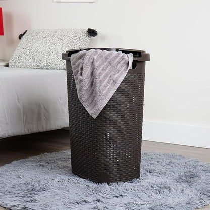 Mind Reader Slim Laundry Hamper with Lid, 60L Clothes Basket, Premium Wicker Design, Plastic, Brown