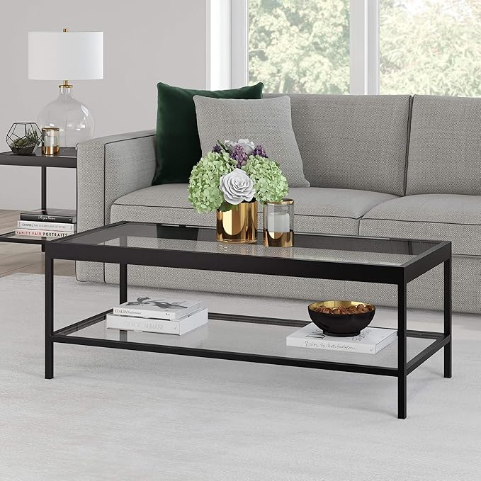 Henn&Hart 45" Wide Rectangular Rectangular Coffee Table in Blackened Bronze, Modern Rectangular Coffee Tables for living room, studio apartment essentials