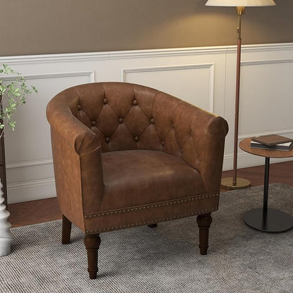 Lumibee Faux Leather Barrel Chairs, Upholstered Accent Chairs Set of 2 for Living Room, Modern Comfy Club Armchairs for Office, Bedroom, Waiting Room-Brown