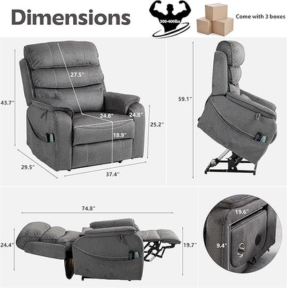Power Lift Recliners Chairs for Elderly Adults Lay Flat Recliner with Heat & Massage, Wireless Charging Device, USB Ports, Cup Holder, Lumbar Pillow, 400Lbs（Grainy Fibric,Grey）