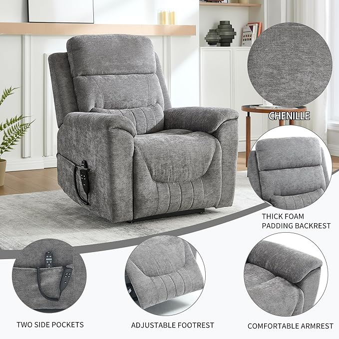 PELUMY Power Lift Recliner Chair for Elderly with Massage and Heat, Dual Motor Heavy Duty 350lbs Recliner, 8-Point Vibration & Lumbar Heating, Electric Lift Chair (Chenille, Dark Grey)