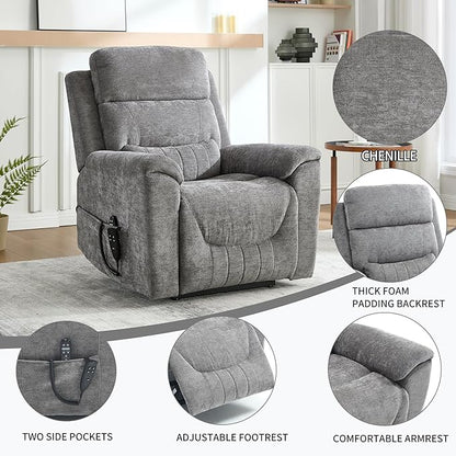 PELUMY Power Lift Recliner Chair for Elderly with Massage and Heat, Dual Motor Heavy Duty 350lbs Recliner, 8-Point Vibration & Lumbar Heating, Electric Lift Chair (Chenille, Dark Grey)