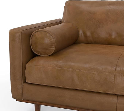 SIMPLIHOME Morrison 72-inch Wide Sofa in Caramel Brown Top Grain Genuine Leather, Mid-Century Modern-Style Loveseat for Living Room, Single Bench Cushion, Removable Back Cushions, 2 Bolster Pillows