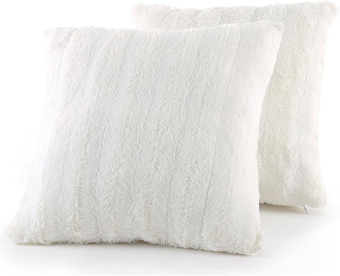 Cheer Collection Faux Fur Throw Pillows - Decorative Pillows for Couch, Bed Throw Pillows, White Accent Pillows for Bedroom or Living Room Aesthetic, Set of 2 Furry Throw Pillows, 18”x18”