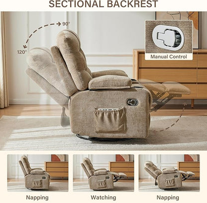 Manual 360°Swivel Rocker Recliner Chair,Single Recliner Seat with Cup Holders,Recliner Chairs for Adults, Upholstered Fabric Lazy Boy Recliner for Bedroom,Living Room,Brown