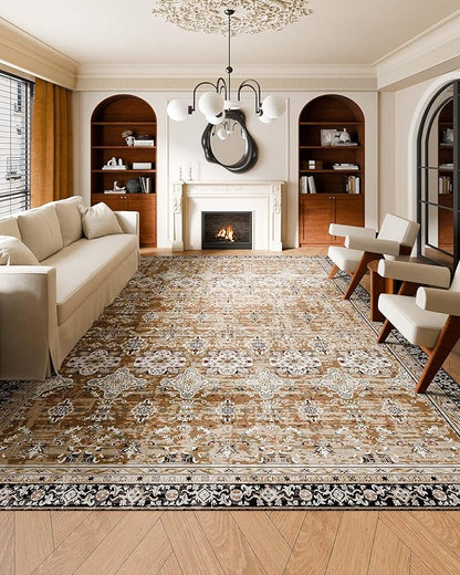 VEVOR 9 x 12 ft Area Rug Large Washable Rug Non-Slip and Tear-Resistant Soft Carpet Pet & Child Friendly Vintage Area Rugs Indoor Mat for Bedroom Living Room Kids Room Office Brown Green