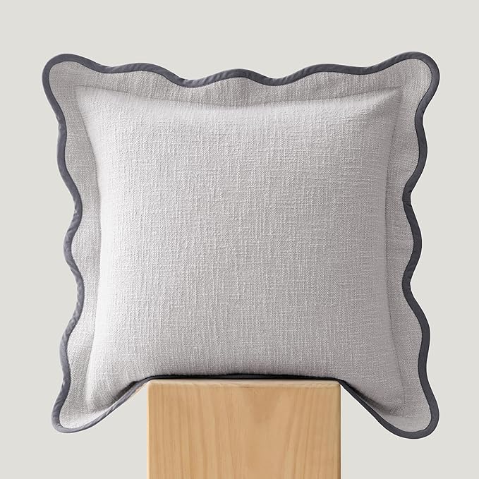Double Stitch Scalloped Throw Pillow Covers - 100% Cotton Decorative Boho Pillow Covers 20 x 20, Made in India, Square Cushion Case, Modern Home Decor for Couch Sofa Living Room, Winter Sky