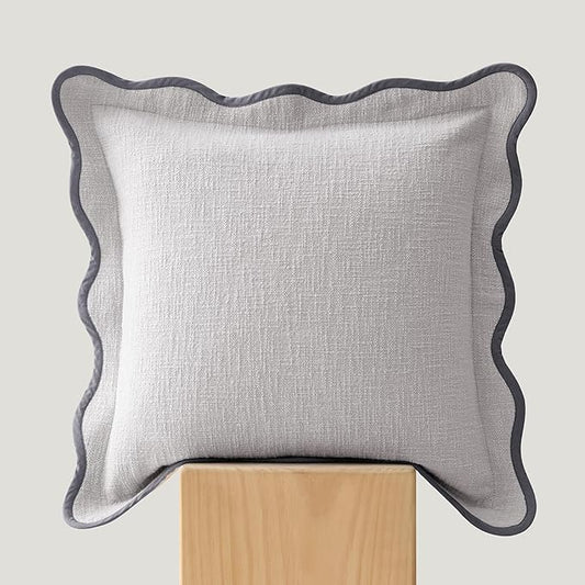 Double Stitch Scalloped Throw Pillow Covers - 100% Cotton Decorative Boho Pillow Covers 20 x 20, Made in India, Square Cushion Case, Modern Home Decor for Couch Sofa Living Room, Winter Sky