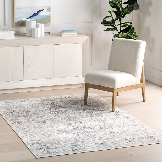 nuLOOM Everlee Faded Persian Machine Washable Area Rug - 9x12 Machine Washable Area Rug Traditional Light Beige/Ivory Rugs for Living Room Bedroom Dining Room Kitchen