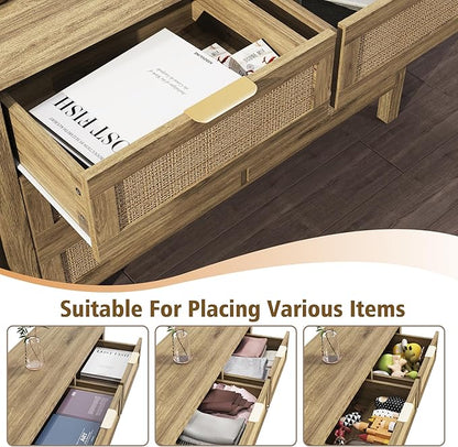 6 Drawer Dressers for Bedroom, Rattan Dresser with Drawers, Modern Wood Dresser with Metal Handles, Chest of Drawers for Bedroom, Living Room, Entryway (6 Drawer)