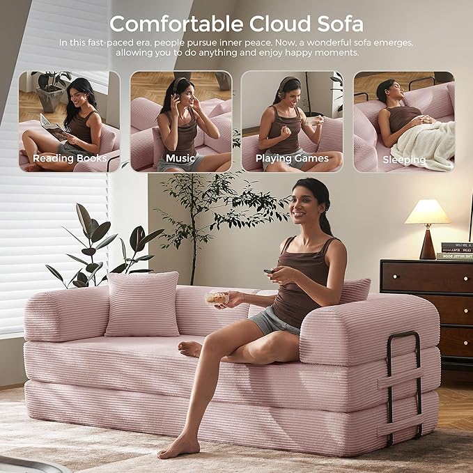 79" Convertible Sofa Bed with Fixed-Shape Frame & Removable Armrests, Modular Corduroy Sleeper Sofa, Folding Mattress Couch for Small Spaces - No Assembly Needed in Pink (Includes 2 Pillows)