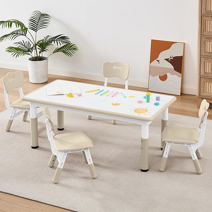 Adjustable Kids Table Chairs Set – Graffiti Desktop, Multi-Activity Height-Adjustable Toddler Study Desk for Ages 3-8 – Ideal for Home, Classroom, Daycare (B-Wood, 4 Chairs-47.2" L x 23.6" W)