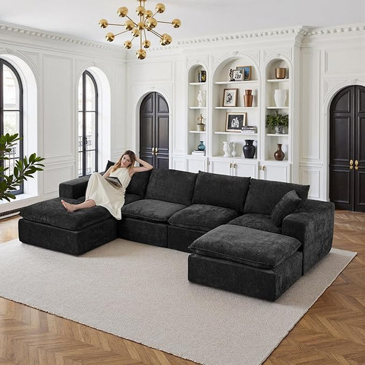 108" Sectional Couches for Living Room Boneless Couch Upholstered Cloud Couch Sectional Modular Sectional Sofa with L Shaped (Chenille-Black, 4 Seat+2 Ottoman)