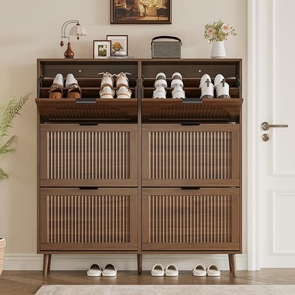 Shoe Cabinet for Entryway with 6 Flip Drawers, Slim Wooden Shoe Storage Organizer with Modern Fluted Pannel，Freestanding Narrow Hidden Shoe Rack for Hallway, Foyer, Living Room