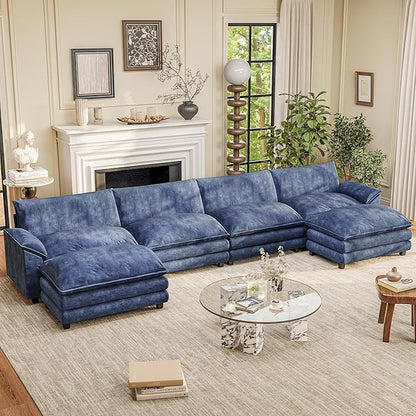 Furniwell Modular Sectional Sofa with Moveable Ottoman, Oversized 3-Seater Couch with Supportive Backrest, Chenille Convertible Sofa Couches for Living Room/Apartment (Blue, U Shaped)