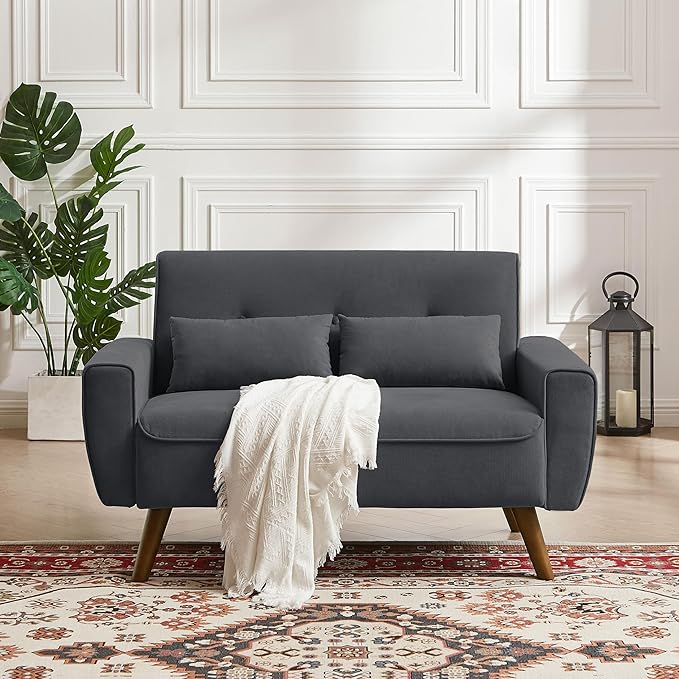 48" Small Loveseat Sofa, Mid Century Modern Love Seat with Back Cushions and Plastic Legs, 2 Seater Couches for Living Room, Bedroom, Small Spaces, Dark Grey