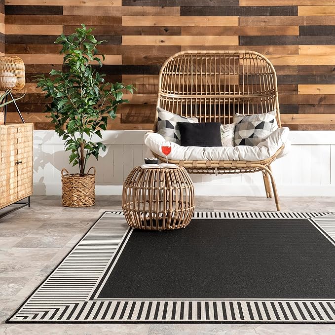 nuLOOM 9'6" x 12' Outdoor Area Rug, Casual Design With Striped Border, Stain Resistant, Highly Durable, For Patio, Balcony, Bedroom, Living Room, Dining Room, Bathroom, Black