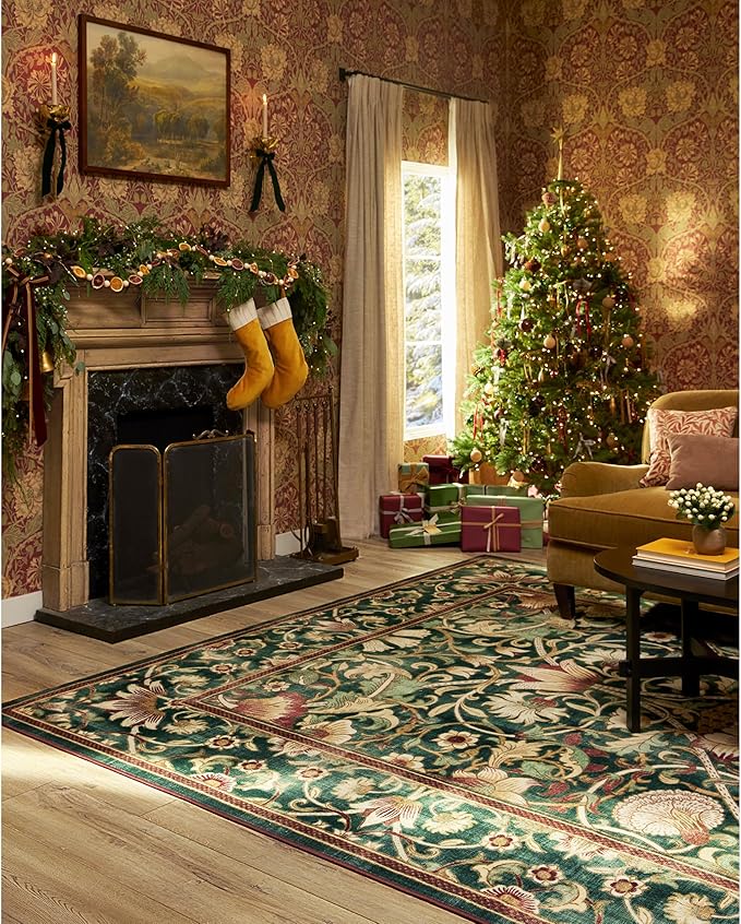 RUGGABLE x Morris & Co Machine Washable Area Rug – Lodden Soft Evergreen & Gold 9x12, Stain-Resistant, Non-Slip – Large Rugs for Living Room, Bedroom, Hallway, Entryway & Office–with Cushioned Pad