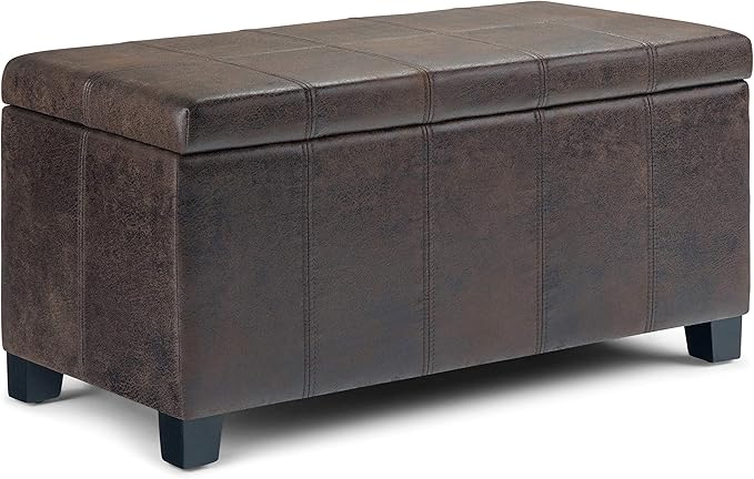 SIMPLIHOME Dover 36 inch Wide Contemporary Rectangle Storage Ottoman Bench in Distressed Brown Vegan Faux Leather, Assembled, for the Living Room, Entryway and Family Room