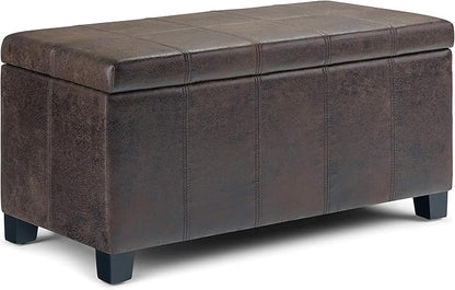 SIMPLIHOME Dover 36 inch Wide Contemporary Rectangle Storage Ottoman Bench in Distressed Brown Vegan Faux Leather, Assembled, for the Living Room, Entryway and Family Room