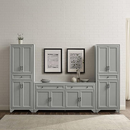 Crosley Furniture Tara 3-Piece Modern Farmhouse Sideboard Buffet Cabinet and Kitchen Storage Pantry Set, Distressed Gray