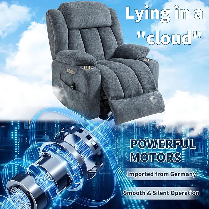 Power Lift Chair for Elderly, Electric Recliner Chair with 8-Point Vibration Massage and Lumbar Heating, Charging Ports, Cup Holders - Blue