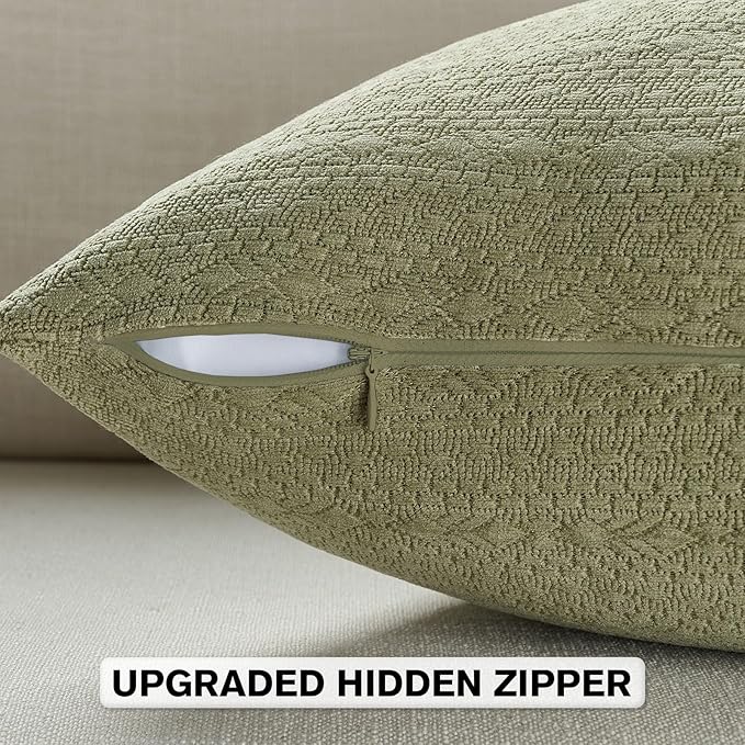 FUTEI Sage Green Chenille Throw Pillow Covers 18x18 Inch Set of 2,Soft Striped & Diamond Textured Cushion Cases,Modern Home Decor for Couch Living Room