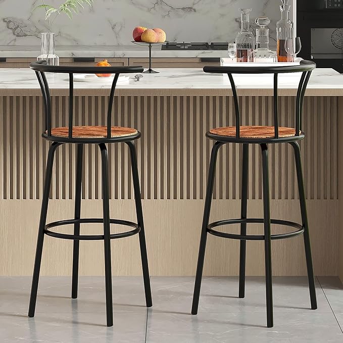 VECELO Bar Stools Set of 2, Swivel Counter Barstools with Backrest, Bar Height Chairs for Dining Room, Kitchen Island, Pub, Easy Assembly, Retro Brown