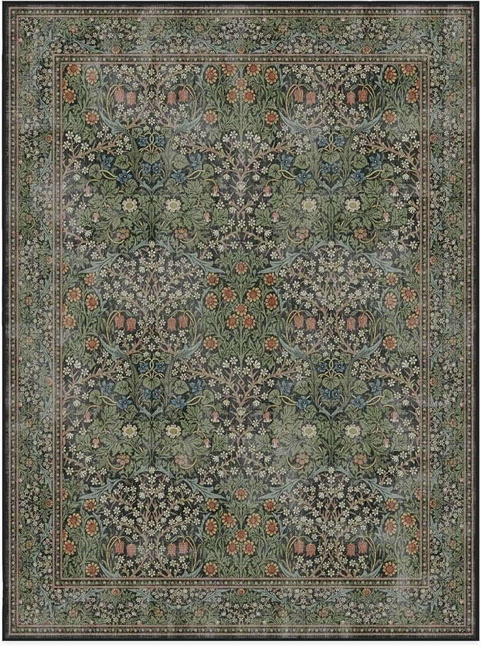 RUGGABLE x Morris & Co Washable Area Rug – Blackthorn Forest Green 9x12, Stain-Resistant, Non-Slip – Large Machine Washable Rugs for Living Room, Bedroom, Hallway, Entryway & Office–with Standard Pad