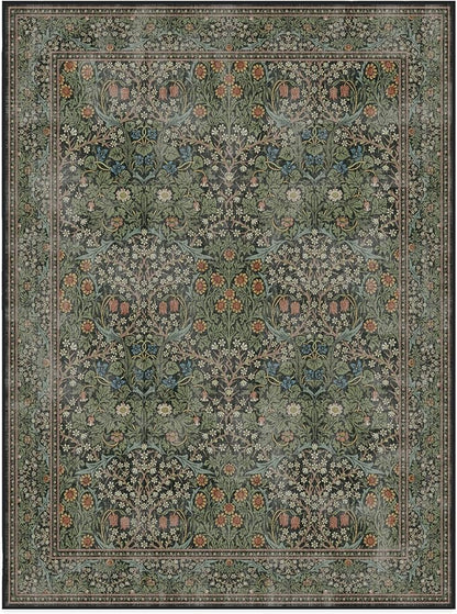 RUGGABLE x Morris & Co Washable Area Rug – Blackthorn Forest Green 9x12, Stain-Resistant, Non-Slip – Large Machine Washable Rugs for Living Room, Bedroom, Hallway, Entryway & Office–with Standard Pad