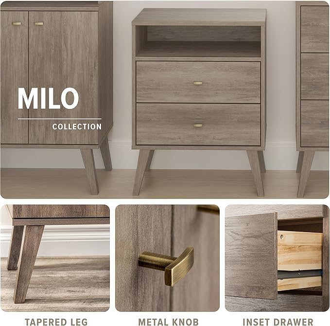 Prepac Milo Mid-Century Modern 2 Drawer Nightstand, Bedside Table, Contemporary Bedroom Furniture, 16"D x 25"W x 25"H, Drifted Gray