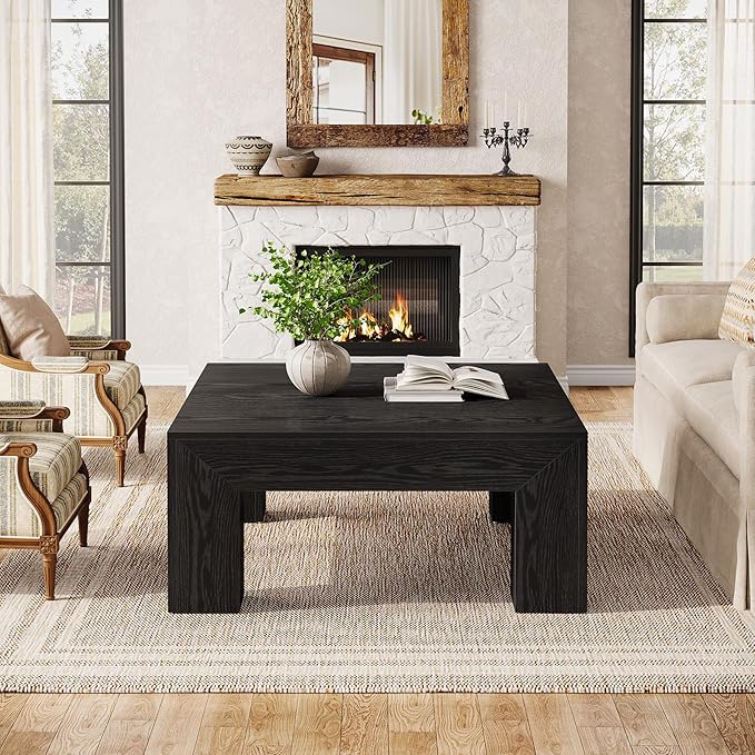 Tribesigns Farmhouse Square Coffee Table for Living Room, 39.37-Inch Low Large Center Tea Accent Table with Sturdy Legs, Easy Assembly (Black)