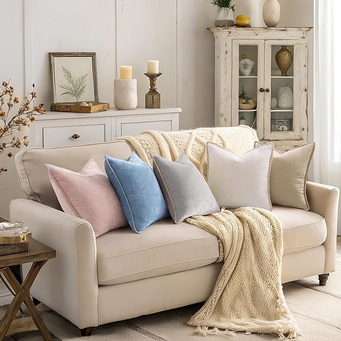 decorUhome Chenille Soft Throw Pillow Covers 24x24 Set of 2, Farmhouse Velvet Neutral Decorative Euro Pillow Covers with Stitched Edge for Couch Sofa Bed Home Decor, Beige