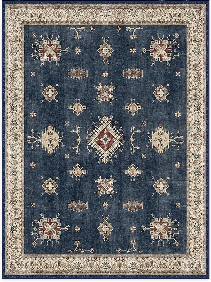 RUGGABLE Washable Vintage Area Rug – Verena Sapphire 9x12, Stain-Resistant, Non-Slip – Large Machine Washable Rugs for Living Room, Bedroom, Hallway, Entryway & Office–with Standard Pad