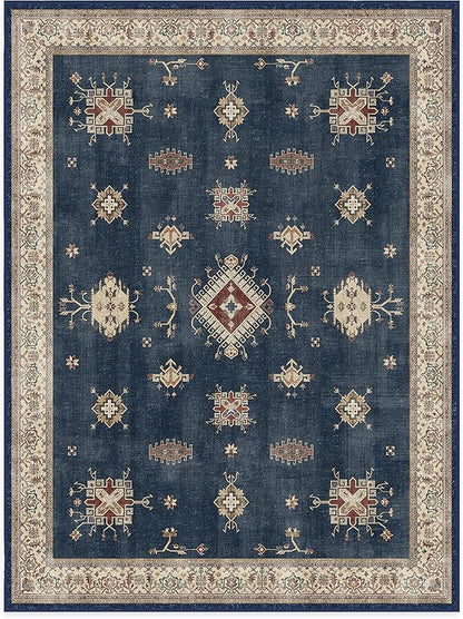 RUGGABLE Washable Vintage Area Rug – Verena Sapphire 9x12, Stain-Resistant, Non-Slip – Large Machine Washable Rugs for Living Room, Bedroom, Hallway, Entryway & Office–with Standard Pad