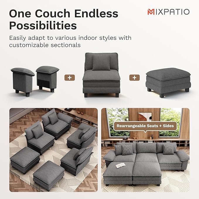 123-Inch L Shaped Sectional Sofa with Cloud Cushions, Deep Seat Modular Couch Set w/ 4 Seats & 1 Ottomans, Removable Arms, Plush Corduroy Upholstery for Living Room, Apartment - Gray