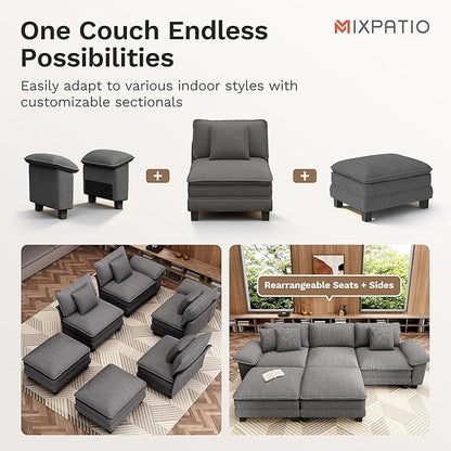 123-Inch L Shaped Sectional Sofa with Cloud Cushions, Deep Seat Modular Couch Set w/ 4 Seats & 1 Ottomans, Removable Arms, Plush Corduroy Upholstery for Living Room, Apartment - Gray