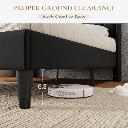 SHA CERLIN Full Size Bed Frame with Charging Station and LED Lights, Modern Velvet Platform Bed with Upholstered Geometric Wingback Headboard, No Box Spring Needed, Easy Assembly, Black