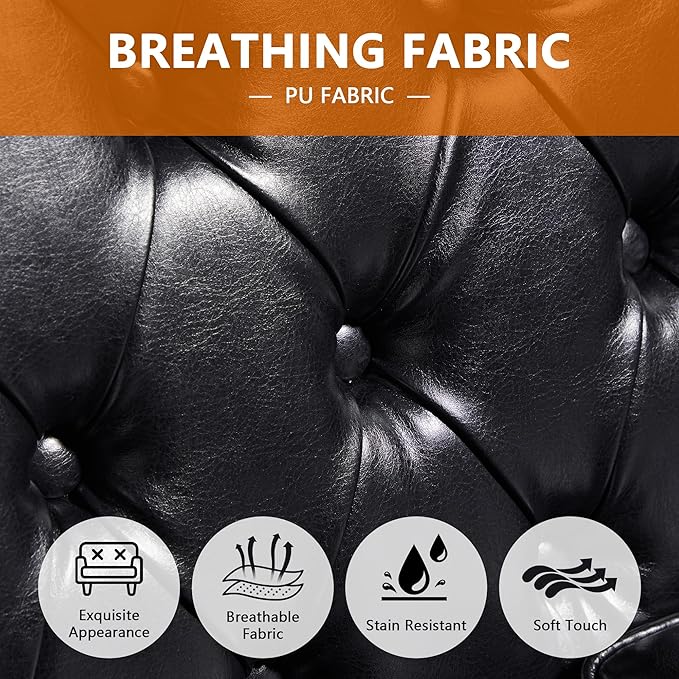 LEVNARY Chesterfield Chair Leather, Upholstered Sofa Chair with High Back, Mid-Century Modern Armchair with Solid Wood Legs, Single Couches for Living Room (Black)