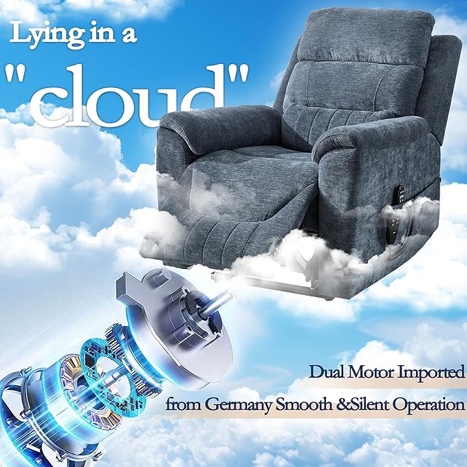 Power Lift Recliner Chair for Elderly People, Dual Motor Lay Flat Recliner with Vibration Massage and Heat, Heavy Duty Motion Mechanism Standing Assistance Reclining Chair, Chenille Fabric Blue