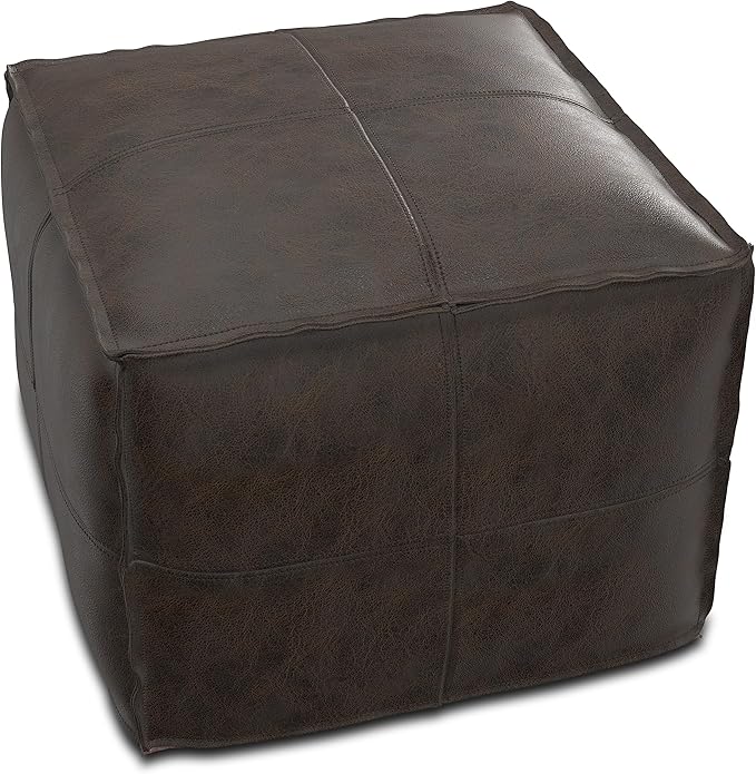 SIMPLIHOME Sheffield Boho Square Pouf in Distressed Dark Brown Leather for the Living Room, Bedroom and Kids Room