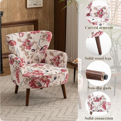 Floral Accent Chair, Upholstered Living Room Chairs with Solid Wood Legs, Mid Century Modern Velvet High Back Armchair for Living Room, Bedroom, Pink