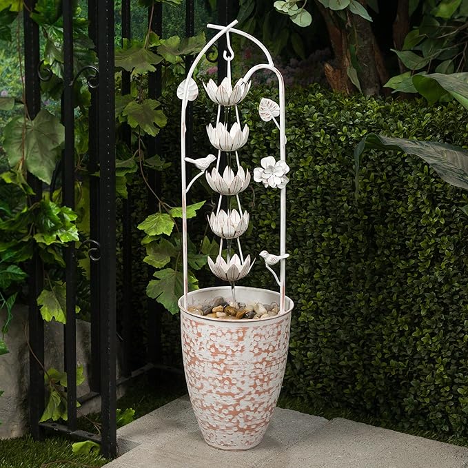 Alpine Corporation YHL866 30"" Metal Rustic Water Fountain with Decorative Flower – Cascading Waterfall Feature for Gardens, Patios, and Outdoor Décor, White