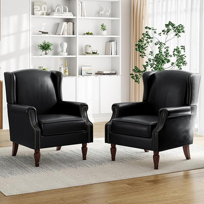 Pia Ricco High Back Floral Accent Chair - Retro Wingback Upholstered Armchair in Faux Leather, Nailhead Trim & Solid Wood Legs for Living Room Bedroom Reading Chair（Black