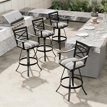 Pellebant 30-Inch Sunbrella Outdoor Bar Stools Set of 4, Aluminum Swivel Patio Bar Height Bar Stools with Back & Footrest, for Deck Lawn Garden(Milano Char)